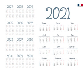 French Calendar for 2021-2033. Week starts on Monday