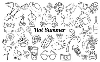 hot summer set isolated hand drawn  on white  background. Warm and cozy illustration doodle style.Sutable elements for greeting cards, posters, stickers and postcards design. Vector.