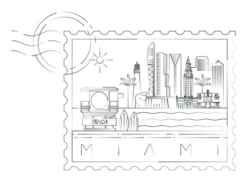 Miami stamp minimal linear vector illustration and typography design, Florida, Usa