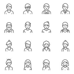 People, icon set. Avatars, men and women in various clothes and hairstyles, linear icons. Line with editable stroke