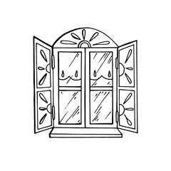 Lovely old-style window hand-drawn image with carved shutters. Black and white vector image. Isolated on a white background.