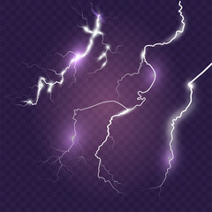 Set of isolated lightning effects on blue background. Thunder-storm magic and bright lightning effect. Realistic vector illustration