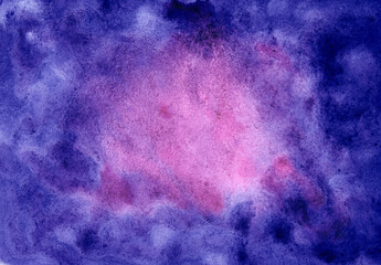 Abstract watercolor background with pink and purple colors. Gradient with splash texture. Color splashing on paper. Aquarelle texture. Handmade original wallpaper. Cosmic texture. Original art