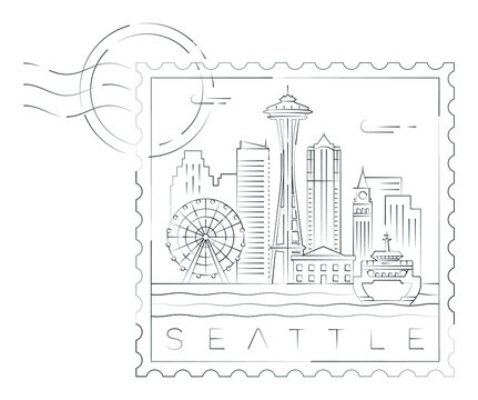 Seattle stamp minimal linear vector illustration and typography design, Washington, Usa
