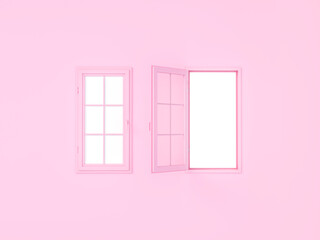 Pink windows with open and close in pink room 3d rendering. 3d illustration pastel minimal style concept.