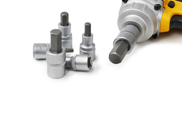 hex bit socket set and Mid-Range Cordless Impact Wrench on white background .