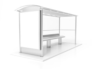 Modern bus stop with blank white poster. Close up, Mock up 3D Rendering. 3d illustration Bus stop with blank banners LED light isolated on white background.