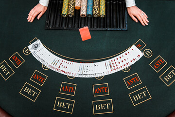 poker, blackjack. gambling, chips, casino roulette, bet on black in Las Vegas. view from above