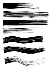Raster set of texture long brush strokes hand drawn in black ink with a wide brush. Raster collection of traced black wide brushes on a white background.