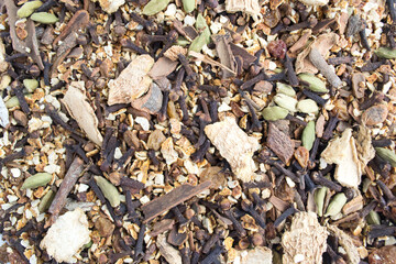 Background from spices for mulled wine. A scattering of seasonings from orange, cinnamon, cardamom