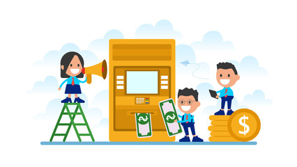 People withdrawing money from automated teller machine.
