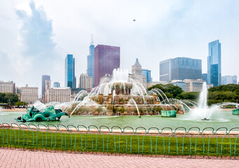 Buckingham Memorial Fountain in the center of Grant Park in Chicago downtown, Illinois, USA
