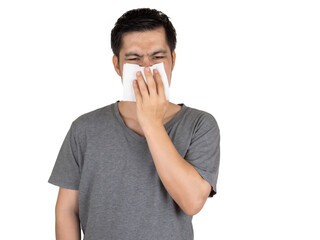 man with handkerchief. Sick guy isolated has runny nose. man makes a cure for the common cold.