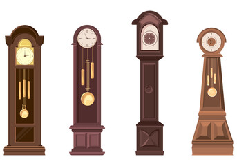 Set of grandfather clocks. Beautiful vintage objects in cartoon style.