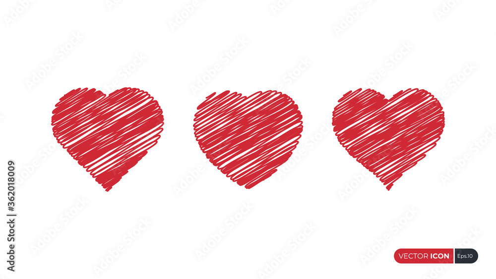 Poster set of heart icons. red hearts hand drawn sketch with scribble style isolated on white background. f