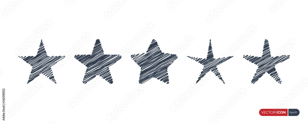 Aufkleber set of star icons. black stars hand drawn sketch with scribble style isolated on white background. f