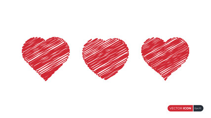 Set of Heart Icons. Red Hearts Hand Drawn Sketch with Scribble Style isolated on White Background. Flat Vector Icon Design Template Element.