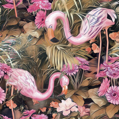 Seamless Pattern with Flamingos. Hand Painted Tropical Illustration.