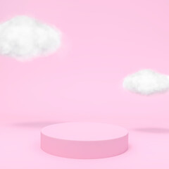 Cloud with podium display stand on pastel pink background 3d rendering. 3d illustration Rainy season minimal concept.