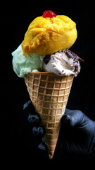 Woman holding waffle cone with delicious ice cream