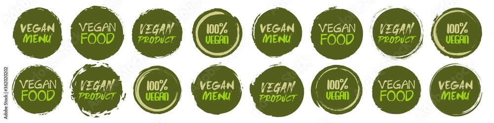 Poster vegan logo collection. set of different grunge circles shapes label with different text