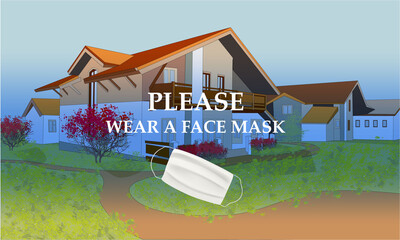 Please wear a face mask banner with buildings, text, white medical face mask. Coronavirus banner
