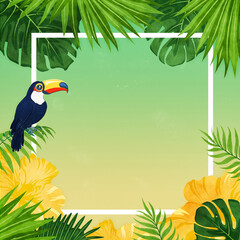 Fototapeta na wymiar Square frame with tropical palm leaves and toucan bird with empty copy space in the middle of summer holiday background. Digital watercolor illustration.