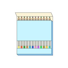 Colored pencils in the package. Twelve colors of children's multi-colored pencils. Isolated icon on a white background. Back to school. School supplies. Vector