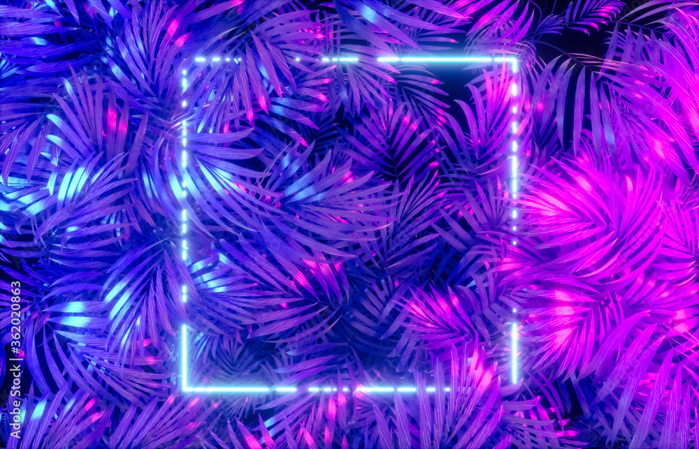 Poster Abstract neon frame backdrop with tropical leaves background. 3d render.