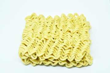 raw dry instant noodles on white background