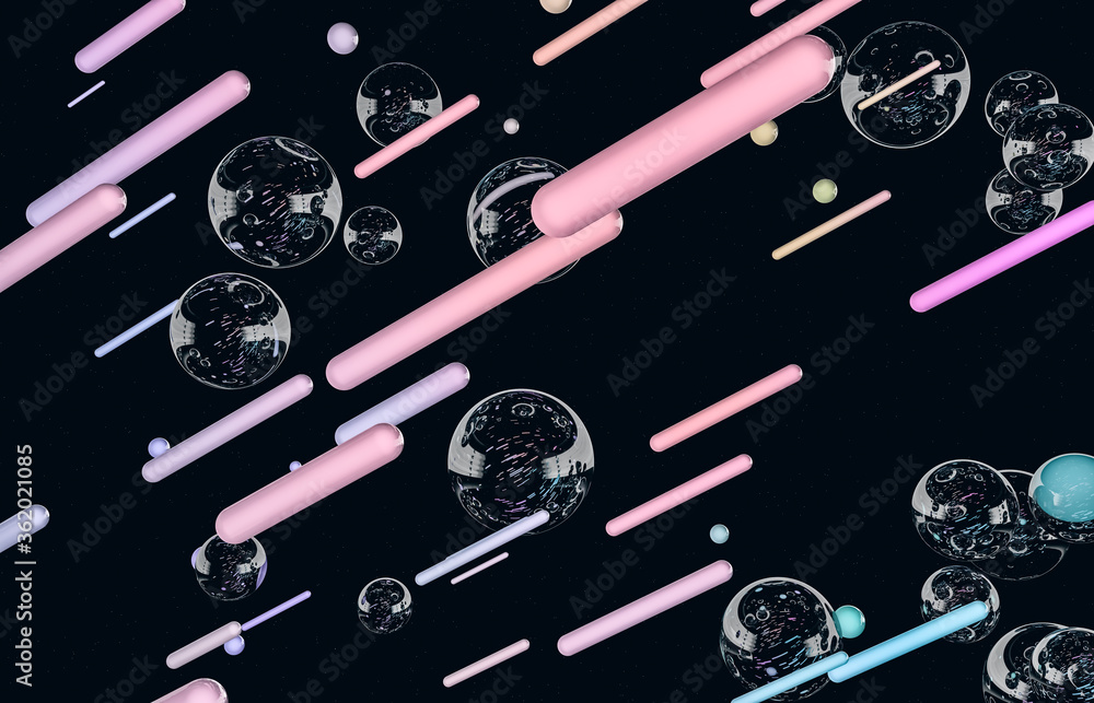 Poster Futuristic geometric dynamic lines shape with bubbles background. Abstract 3d art background.