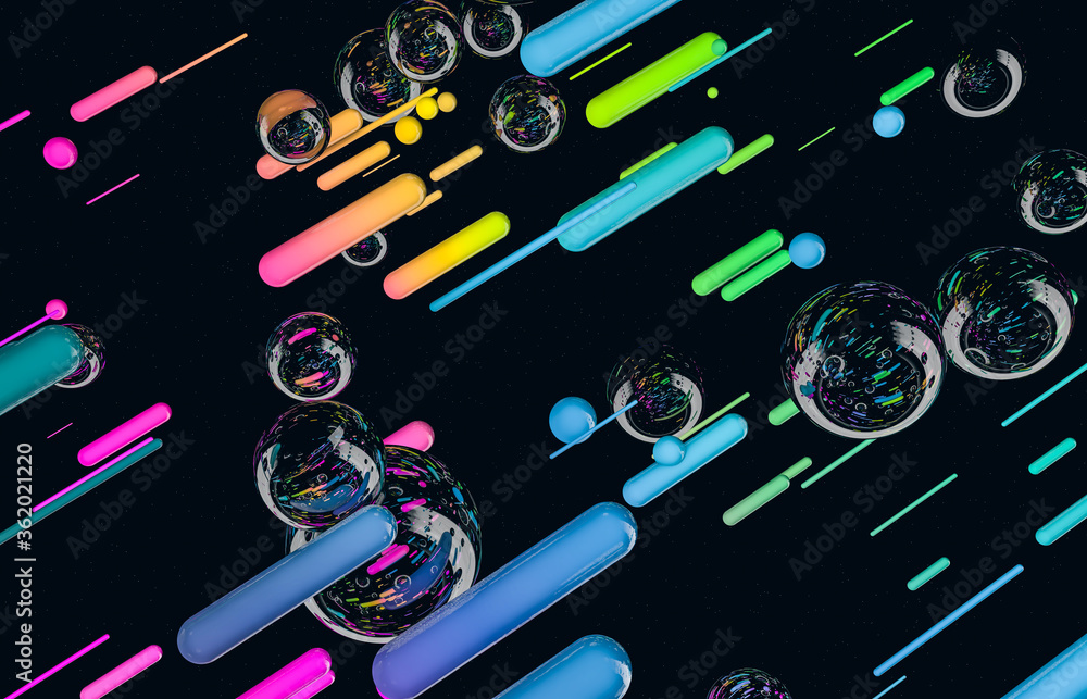 Poster Futuristic geometric dynamic lines shape with bubbles background. Abstract 3d art background.