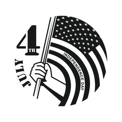July 4th. Independence day. Retro black illustration of an hand proudly holding a US flag. 