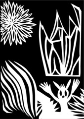 Vector illustration of abstract cut out image made by hand and then vectorized. Black & white image of abstract rabbit, house, sun and bushes.