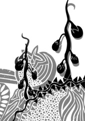 Vector illustration of black & white abstract garden background.