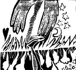 Vector illustration of black and white psychedelic surrealism childish drawing. Leg, stars, moon, wings, monster. Hand drawn.