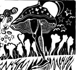 Vector illustration of black and white psychedelic surrealism childish drawing. Leg, stars, birds, mushroom, umbrella, monster. Hand drawn.