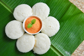 Many Idli or idly with coconut chutney powder popular breakfast of South India and Sri Lanka...