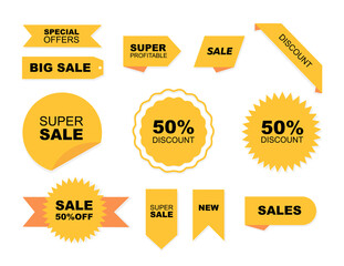 Set of label sales, discount, special offer. Modern abstract stickers, labels in yellow version isolated on white background. Vector illustration