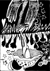 Vector illustration of black and white psychedelic surrealism childish drawing. Leg, stars, birds, mushroom, umbrella, moon, wings, monster. Hand drawn.