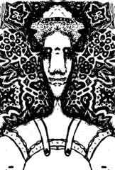 Vector illustration of black and white human woman head. Abstract, hand drawn, symmetric torso on abstract floral pattern.