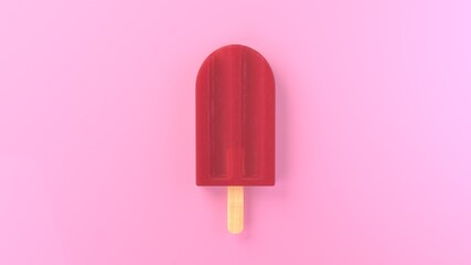 Close-up realistic art of red, fruit, juicy, sweet, fresh popsicle on wooden stick on red, pink pastel background. Isolated clip art element for design. Stock 3d rendering