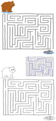 Bear and fish, solved kids maze game vector illustration