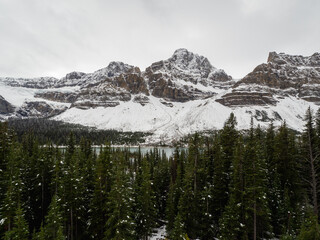 high peak of a mountain in with snow on top on a cloudy day in the forest