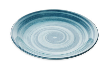 Empty blue ceramic plate with spiral pattern in watercolor styles, isolated on white background with clipping path, Side view  