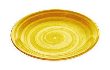 Empty yellow ceramic plate with spiral pattern in watercolor styles, isolated on white background with clipping path, Side view  