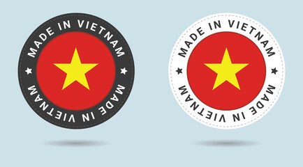 Set of two Vietnamese stickers. Made in Vietnam. Simple icons with flags.