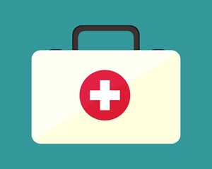 Obraz premium beige first aid kit with red cross on green background. For wedsite, print, banner, books. FAK