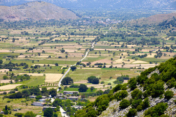Fototapeta na wymiar Aerial view of mediterranean rural landscape. Greek agricultural background with olive groves, vineyards and orchards