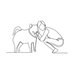Continuous line drawing of happy young woman playing with dog pet. Vector illustration